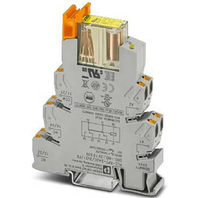 A grey relay with multiple terminals and an orange lever, used for electrical connections in control systems.