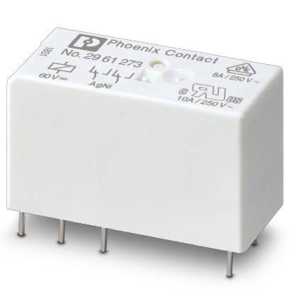 A white Phoenix Contact relay with the number 2961273, suitable for 60 V direct current or 250 V alternating current.