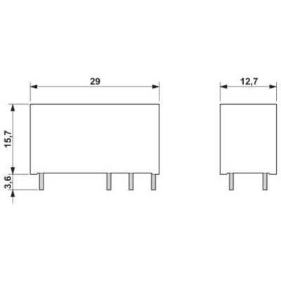 Technical drawing of a rectangular component with dimensions: 29 mm length, 15.7 mm height, 12.7 mm width, and 3.6 mm base.
