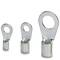 Three different sizes of metal cable lugs standing side by side. They are circular and suitable for cable connections.