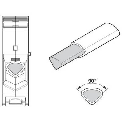 'Long-format luminaire' cut at 90 degrees. Diagram shows cylindrical housing with reflective internal surface and a triangular light exit.