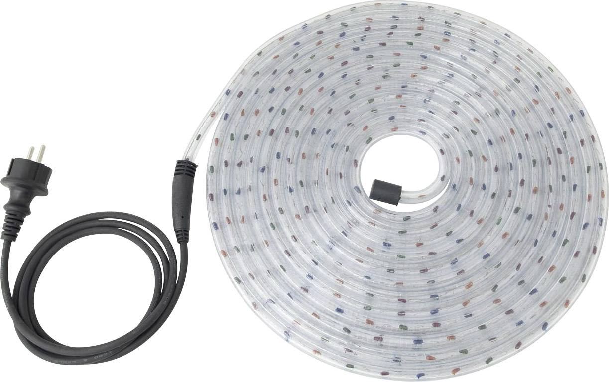 A coiled LED string light with multi-coloured LEDs and an attached power cable on a white background.