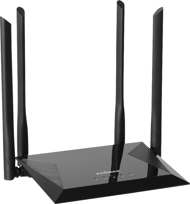 Black Wi-Fi router with four antennae, suitable for high-speed internet and home networks. Ideal for stable and wide coverage.