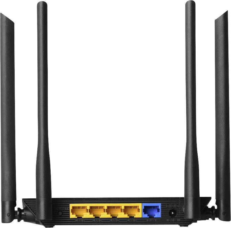 A black Wi-Fi router with four aerials and five network ports on the back.