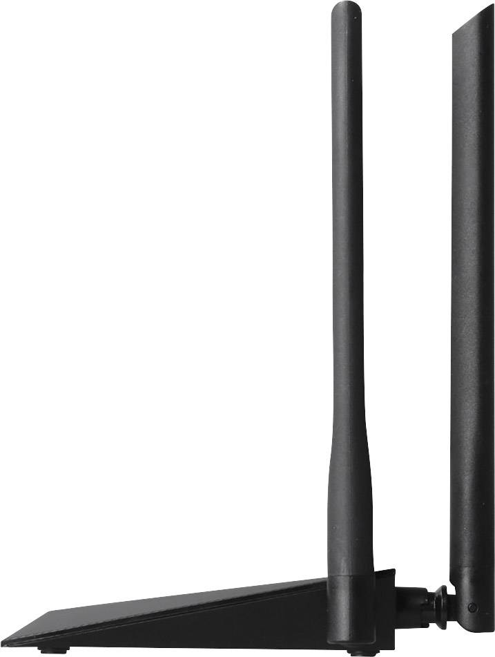 Black external Wi-Fi aerial, shown from the side, with two vertically positioned aerials, connected by a joint allowing angle adjustment.