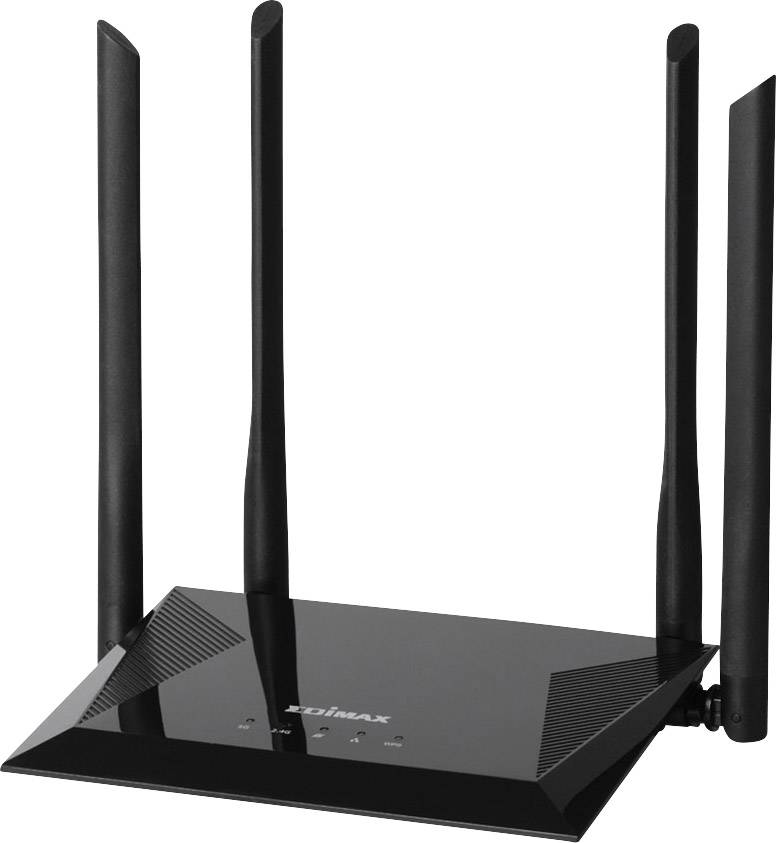 Black glossy Wi-Fi router with four vertical aerials, marked with 'Edimax'. Ideal for fast and stable internet.