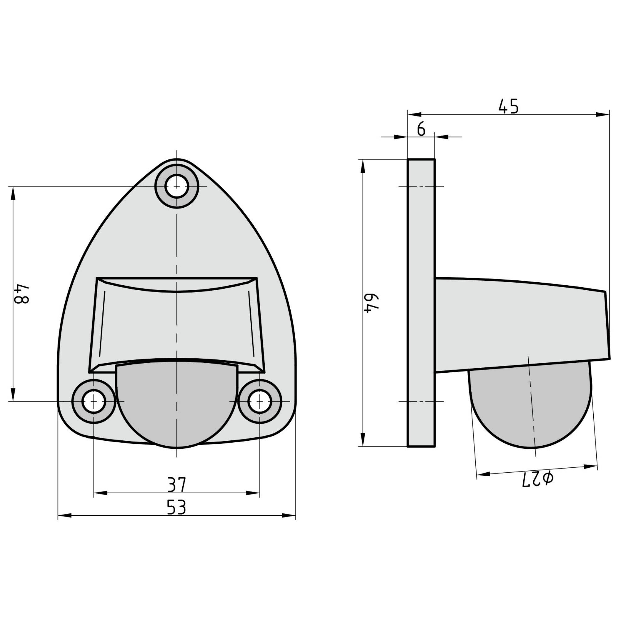 Technical drawing of a mounting part with dimensions: 87x53 mm, side view 64x45 mm, showing mounting holes and opening.