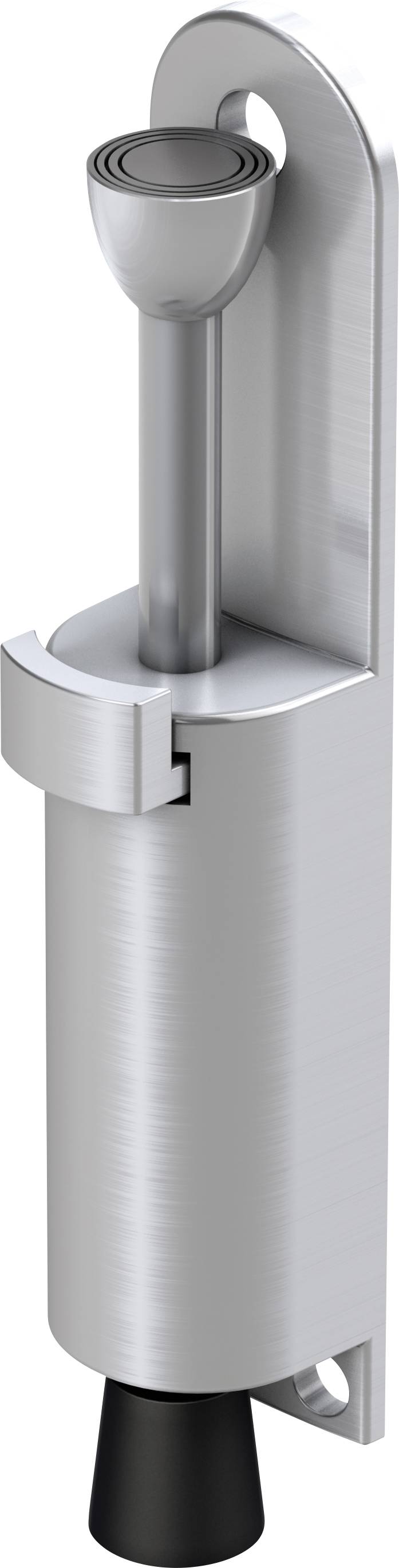 Door damper made from brushed metal with a black rubber stopper at the end, designed to reduce noise and ensure a soft door closure.