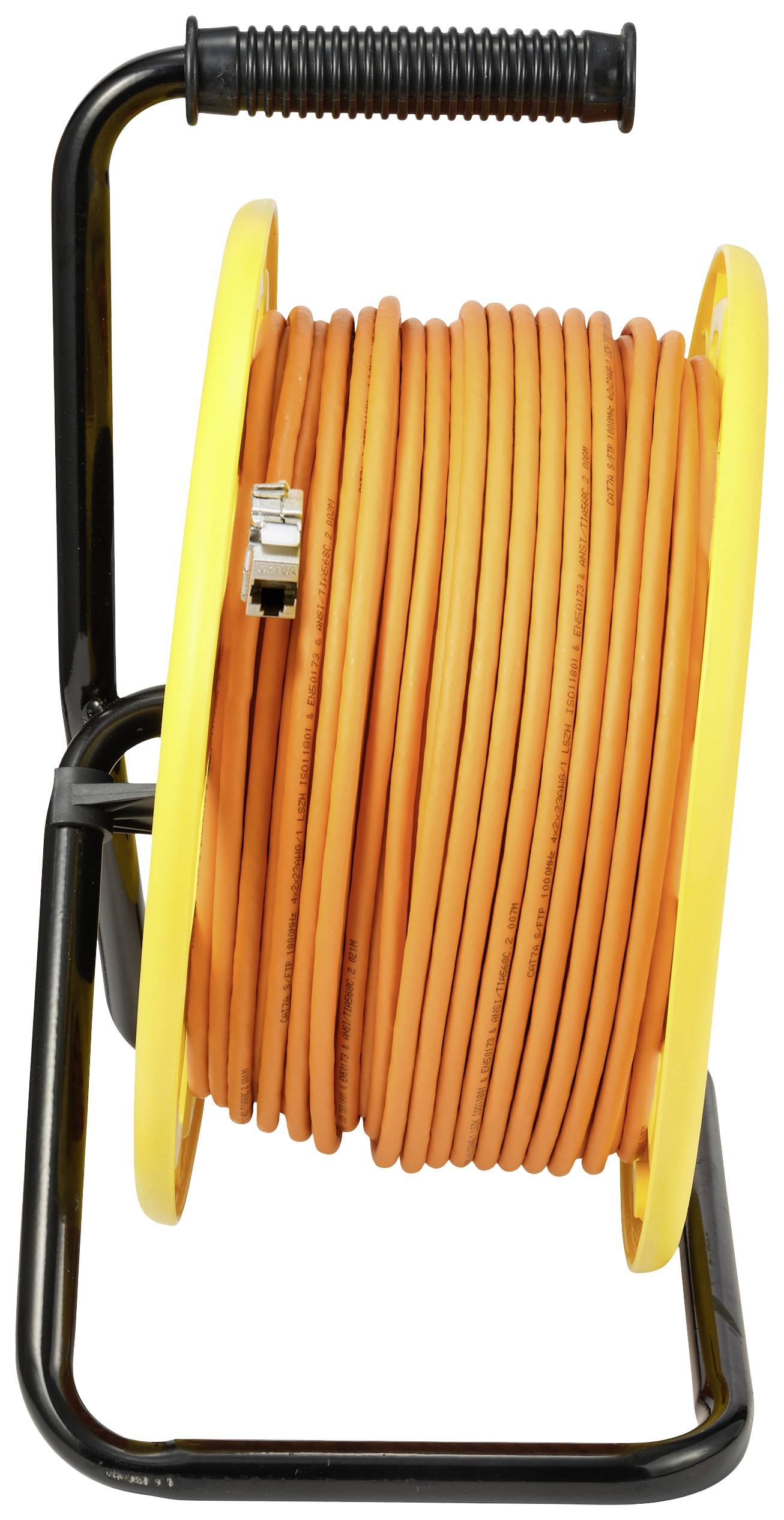 A yellow cable reel with an orange cable wound around it, mounted on a black stand with a handle.