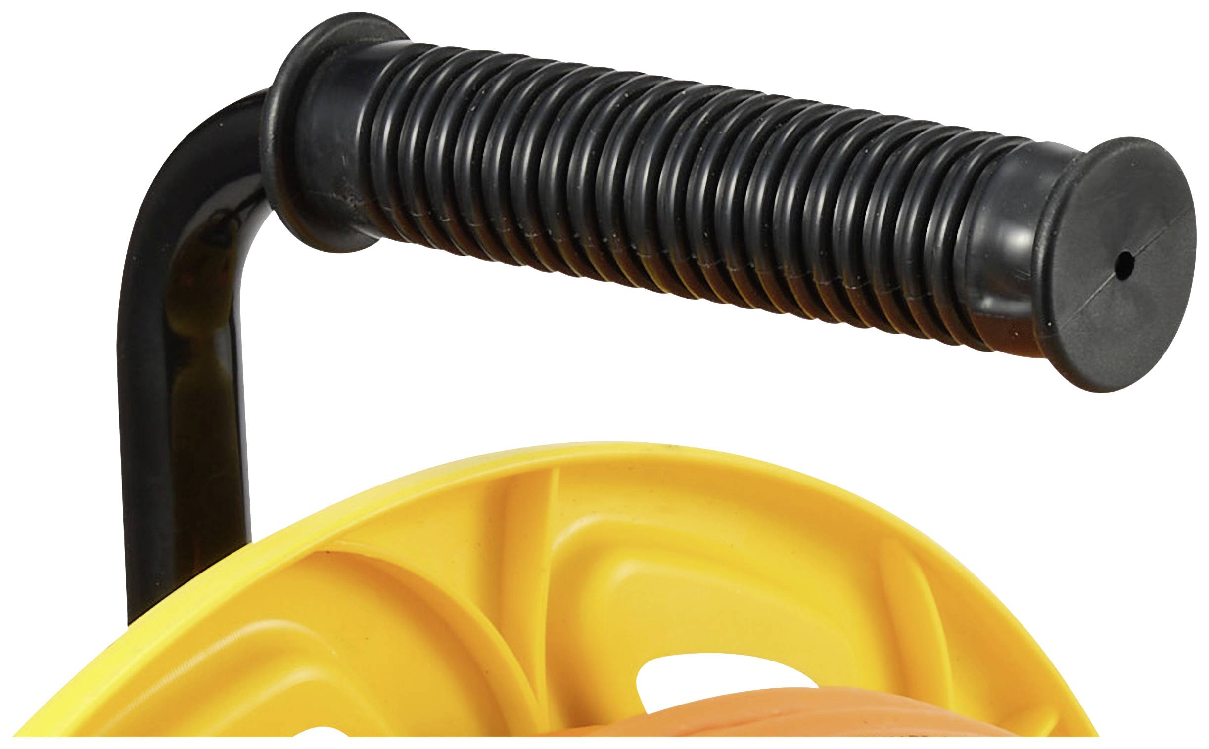 Black, ribbed handle on a yellow plastic device, presumably part of a tool or gardening implement.