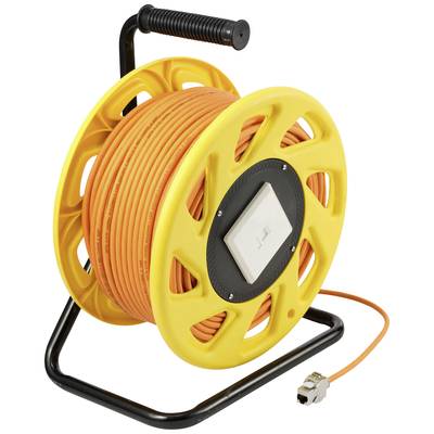 Yellow cable reel with orange cable and plug on a black stand with handle.