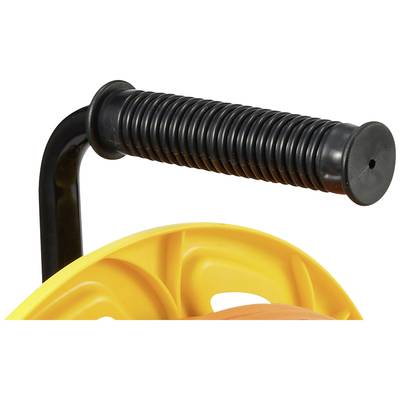 Black handle on a yellow garden hose holder used for storing hoses.