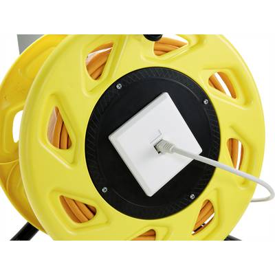 Yellow cable reel with an orange cable wound around it and a network plug connected to a black socket.