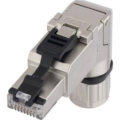 A silver RJ45 plug with a black locking mechanism, suitable for network connections. It provides a robust and secure connection.