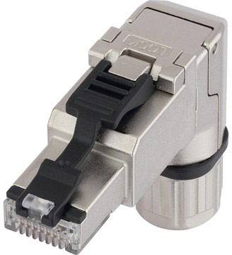 A metallic RJ45 plug with a black lever and screw lock, suitable for Ethernet connections in industrial applications.
