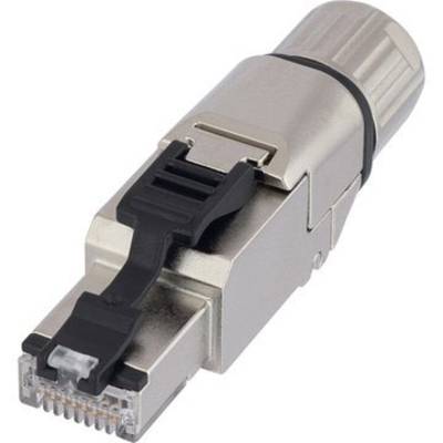 A silver RJ45 plug with a black locking mechanism on a white background.