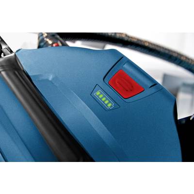 Blue vacuum cleaner with a red button and green battery status indicator.