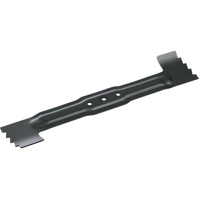 Lawnmower blade with three mounting holes, serrated edges for improved cutting performance. Black, metallic.