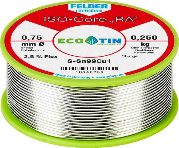 Felder ISO-Core "RA" Sn99Cu1 Solder, lead-free Reel Sn99,3Cu0,7  0.250 kg 0.75 mm