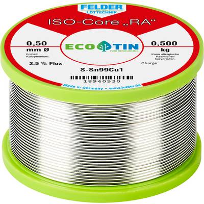 Solder tin reel with the inscription 'ISO-Core RA', diameter 0.50 mm, weight 0.500 kg, 2.5% flux. Contains rosin for soldering technique.