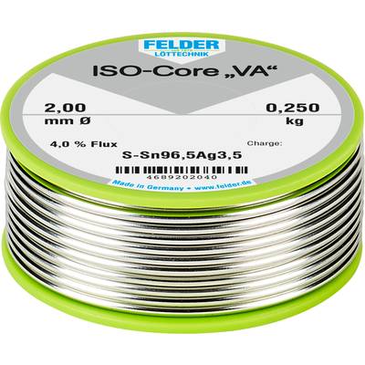 Solder tin coil from Felder with the inscription 'ISO-Core VA'. Diameter: 2.00 mm, Weight: 0.250 kg, Flux: 4.0%, Type: S-Sn96.5Ag3.5.