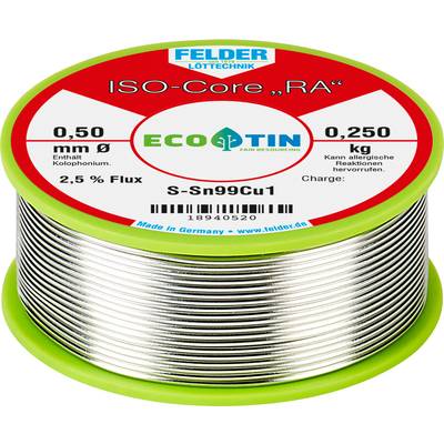 Felder solder tin reel, ISO-Core "RA" model, 0.50 mm diameter, 0.250 kg, contains colophony, 2.5% flux, made in Germany.