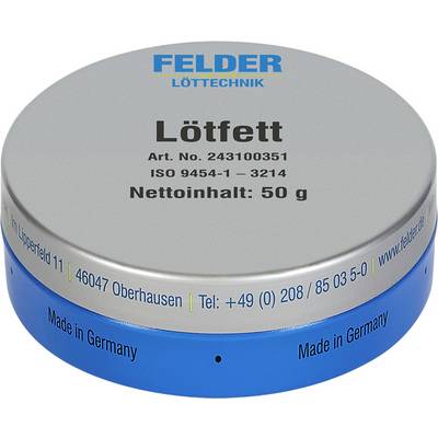 Tin of Felder Löttechnik soldering grease labeled 'Lötfett', net content 50 g, made in Germany.