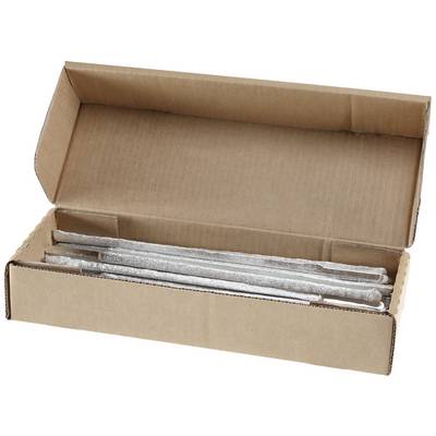An open cardboard box containing several long, silver metal rods lying side by side.