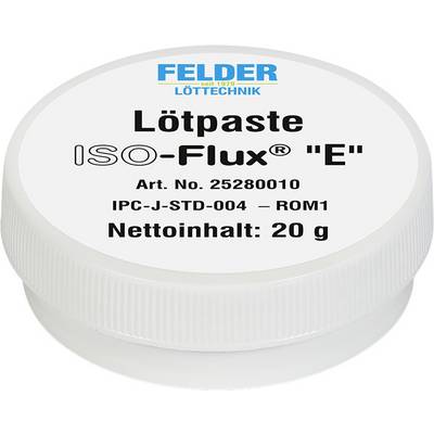 Container of Felder Löttechnik solder paste labeled 'Lötpaste ISO-Flux E', Art. No. 25280010, IPC-J-STD-004 ROM1, net content 20 g.<br>