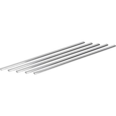 Five parallel silver metal rods or tubes arranged diagonally on a white background.