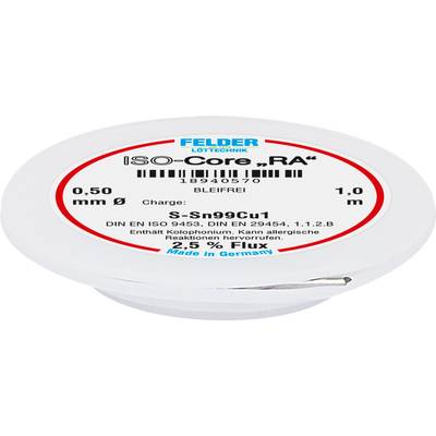 Solder wire reel with inscription 'ISO-Core "RA"', 0.50 mm diameter, 2.5% flux content, lead-free, manufactured in Germany.