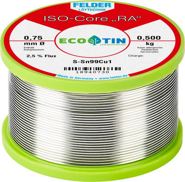 Felder ISO-Core "RA" Sn99Cu1 Solder, lead-free Reel Sn99,3Cu0,7 0.500 kg 0.75 mm