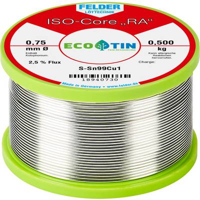 A reel of solder wire with the marking 'ISO-Core RA', 0.75 mm diameter, 0.500 kg weight, containing 2.5% flux, brand Eco-Tin.