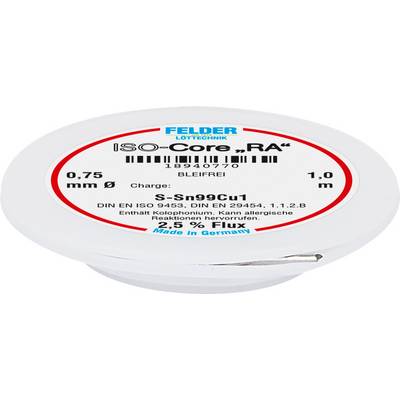 'Reel of Lead-Free Solder ISO-Core "RA" by FELDER, lead-free, 0.75 mm Ø, Batch: S-Sn99Cu1, 2.5% Flux. Made in Germany.'