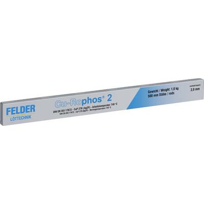 Product box for FELDER LÖTTECHNIK Co-Ros 2 solder rods, labeled 1.0 kg and 500 mm rods, with material details and a 2.0 mm diameter note.