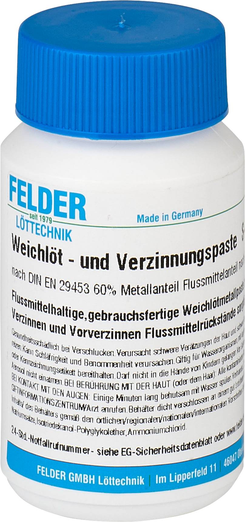 Container with labelling for soft soldering and tinning paste by Felder Soldering Technology, in accordance with DIN EN 29453. Contains 60% metal content.