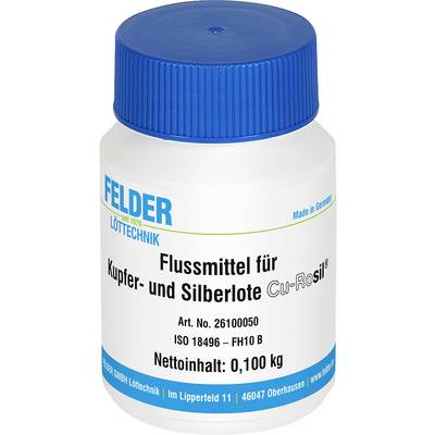 Blue-capped bottle labeled 'FELDER LÖTTECHNIK' and 'Flussmittel für Kupfer- und Silberlote Cu-Rosi', net content 0.100 kg.