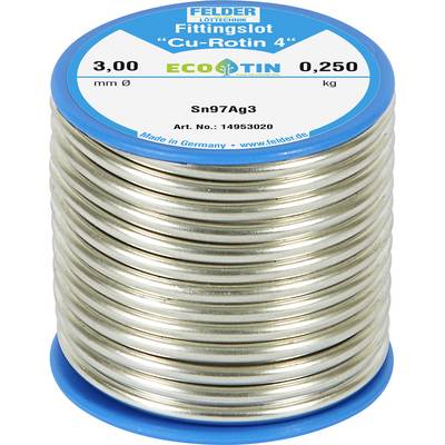 'Solder wire spool labeled "Fitting slot Cu-Rotin 4" by Felder. Diameter: 3.00 mm, Weight: 0.250 kg, Alloy: Sn97Ag3. Made in Germany.'