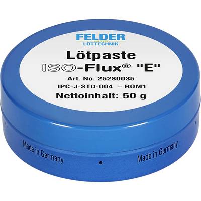 Blue tin of Felder solder paste labeled 'Lötpaste ISO-Flux E', art. no. 25280035, net content 50 g, made in Germany.