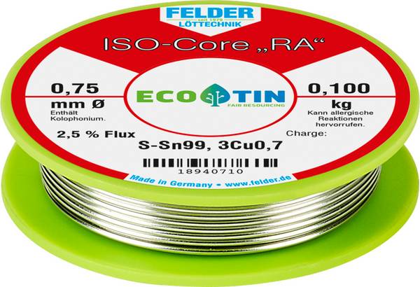 Felder ISO-Core "RA" Sn99Cu1 Solder, lead-free Reel Sn99,3Cu0,7 0.100 kg 0.75 mm