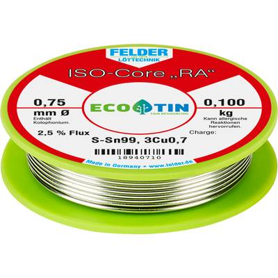 Felder Löttechnik ISO-Core "RA" Sn99Cu1 Solder, lead-free Reel Sn99,3Cu0,7  0.100 kg 0.75 mm