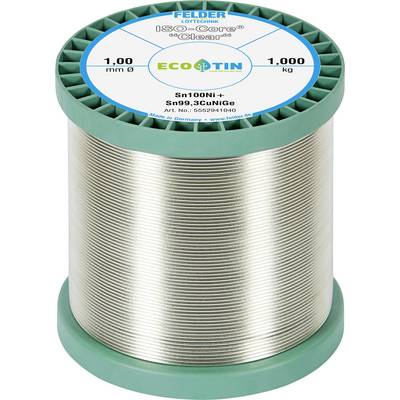 Spool of solder wire on a green reel, labeled FELDER LOTTECHNIK ECOBIN, 1.00 mm and 1,000 kg, Sn99.3CuNiGe<br>