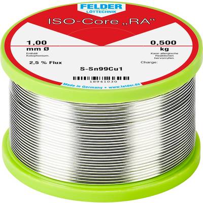 Solder tin reel by Felder, ISO-Core 'RA', 1.00 mm diameter, 0.500 kg, 2.5% flux. Contains rosin.