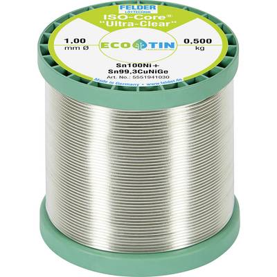 Spool of solder wire labeled 'ISO-Core Ultra-Clear' and 'ecoTin', 1.00 mm diameter, 500 kg, by Felder Lottechnik.