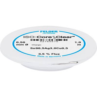 Round solder wire with 'ISO-Core Clear' label, diameter: 0.50 mm, length: 1.0 m, alloy: Sn96.5Ag3.0Cu0.5, flux content: 3.5%.