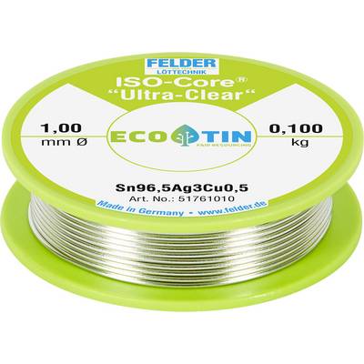 Spool of FELDER LOTTECHNIK ISO-Core 'Ultra-Clear' EcoTin solder wire, labeled 1.00 mm diameter, 0.100 kg, Sn96.5Ag3Cu0.5, Art. No. 5176101.