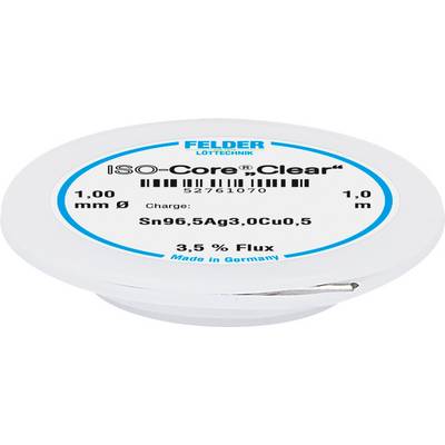 A reel of solder wire from Felder Löttechnik with the inscription 'ISO-Core Clear', diameter 1.00 mm, batch Sn96.5Ag3.0Cu0.5, 3.5% flux.