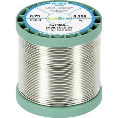 Spool of FELDER solder wire labeled ISO-Core, EcoTin, 0.75 mm diameter and 0.250 kg, Sn100Ni+Sn99.3CuNiGe.