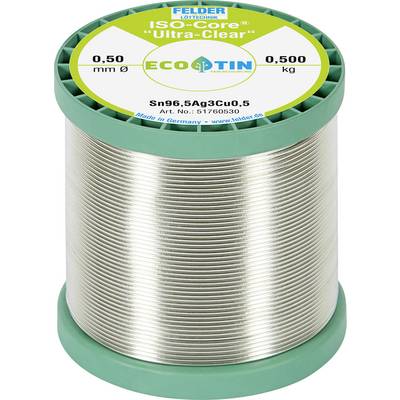 Photo of a spool of 'ISO-Core Ultra-Clear' solder wire labeled 0.50 mm and 0.500 kg, with Felder and EcoTin branding.