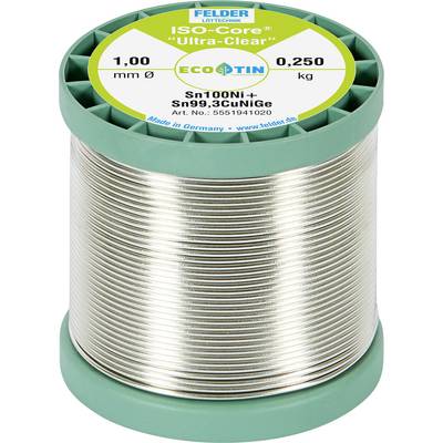 Photo of a Felder ecoTin solder wire spool labeled 'ISO-Core Ultra-Clear', 1.00 mm diameter, 0.250 kg, Sn100Ni+Sn99,3CuNiGe.